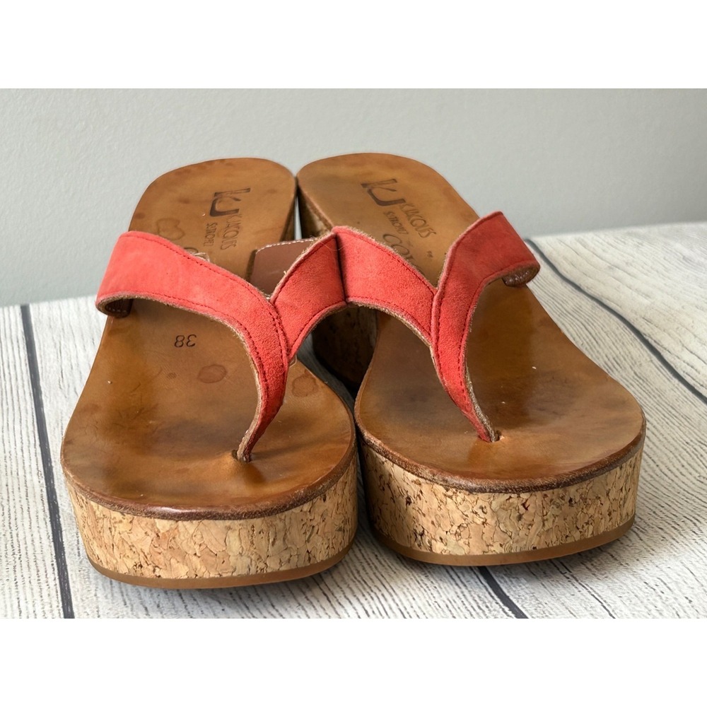K Jacques St Tropez Diorite Sandals 8 Red Leather Cork Wedge Thong Slip On Boho - Picture 12 of 13
